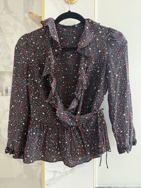 Madewell Silk Women's Black Star Print Wrap Blouse - Multicolor Stars
